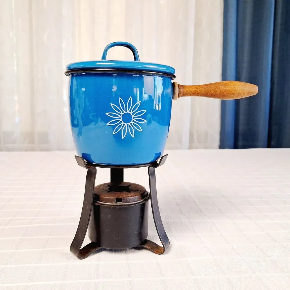 Vintage Sterno Country Cookery Bayberry Blue Enamel Covered Sauce Server